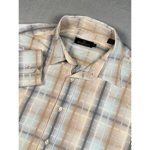 Bugatchi Uomo‎ Shirt Men Large multi beige Plaid Button Casual Preppy Flip Cuff